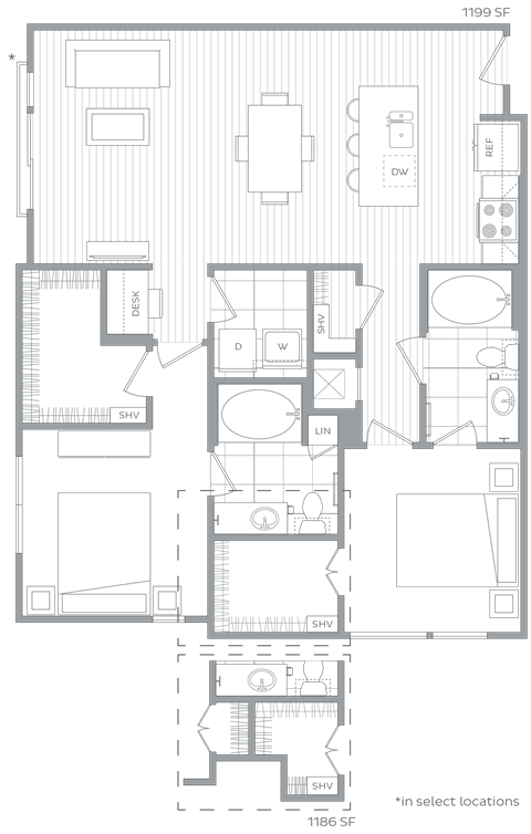 Floor plan for 2 beds, 2 baths, 1199 sqft